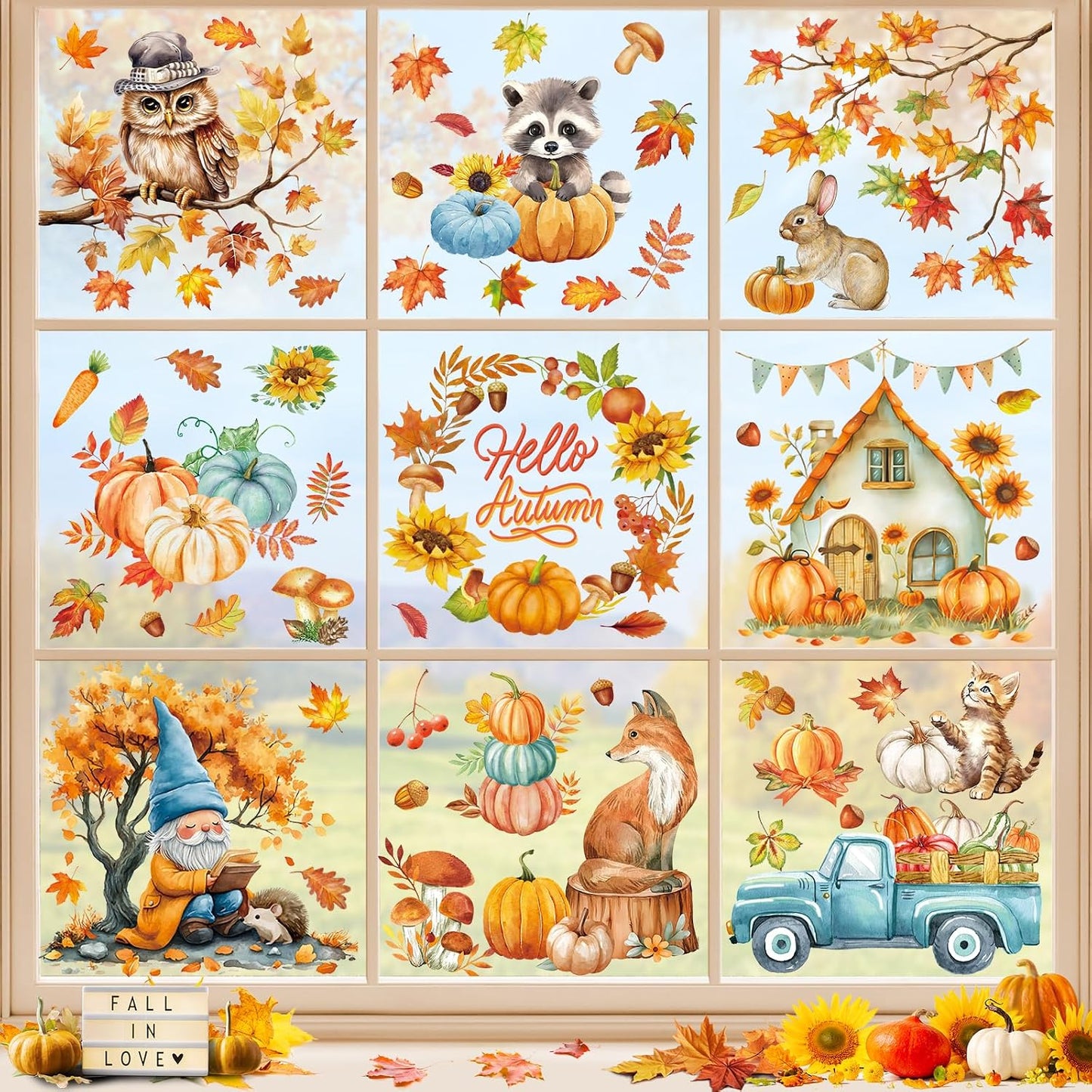 Stickers fenêtre automne – 121 autocollants réutilisables