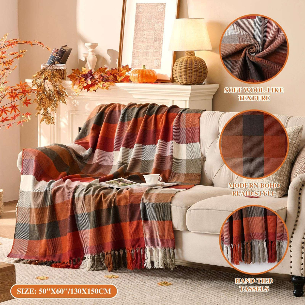 Plaid à carreaux d'Automne – Franges nouées main | Lanpn