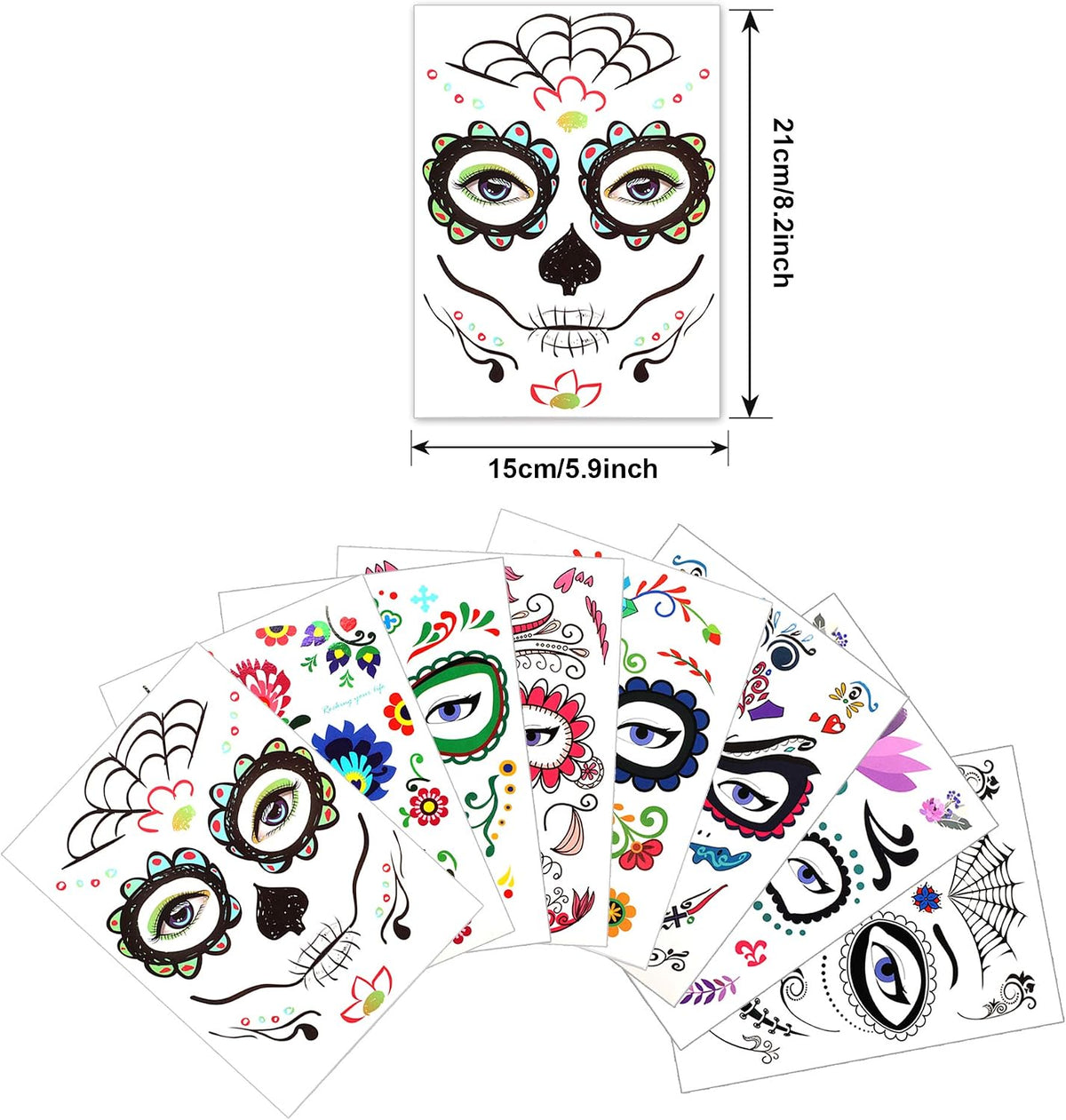 Tatouages temporaires Halloween visage – Lot de 8 Feuilles