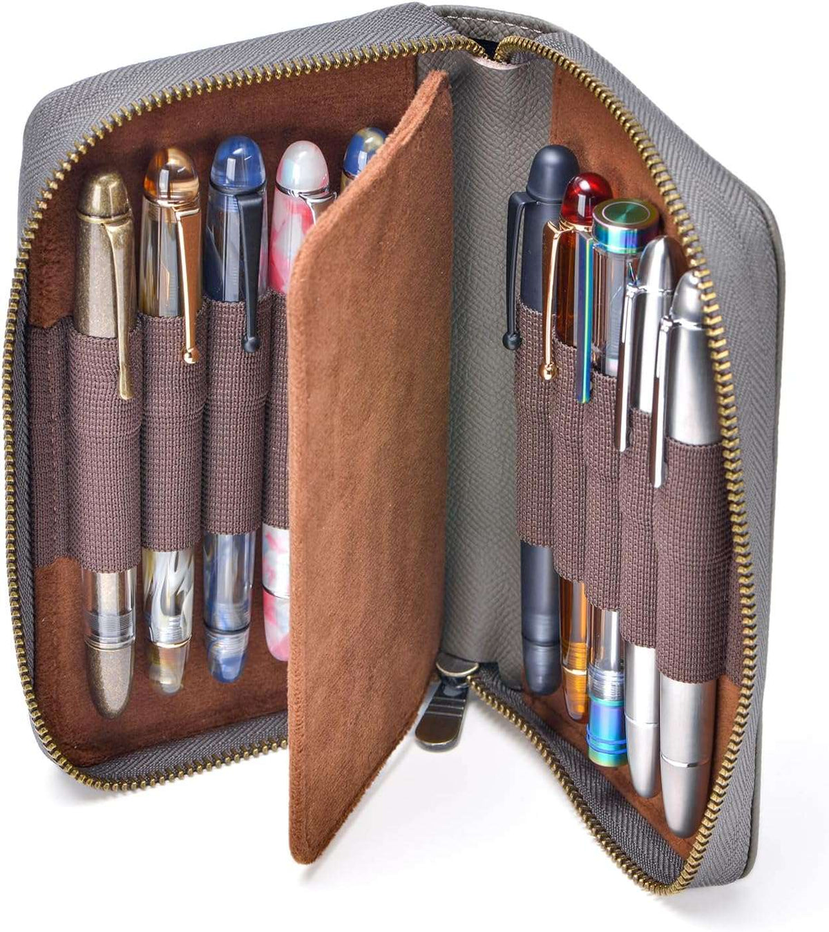 Étui à stylos en cuir - 10 fentes avec pochette zippée – Fait main