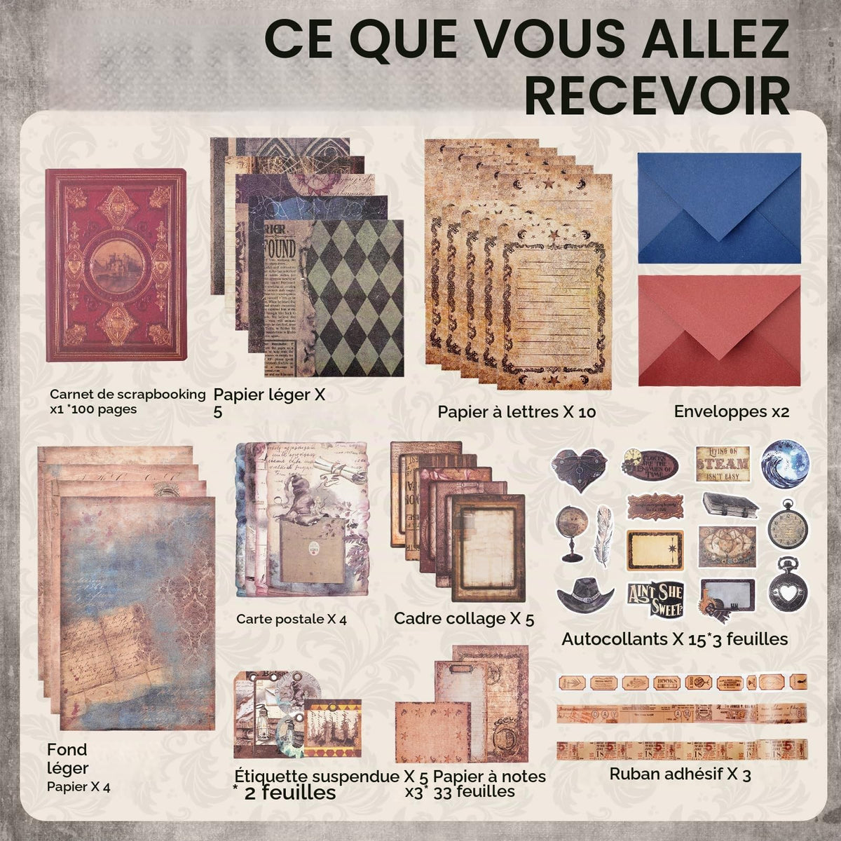 Kit de scrapbooking vintage – 185 pièces