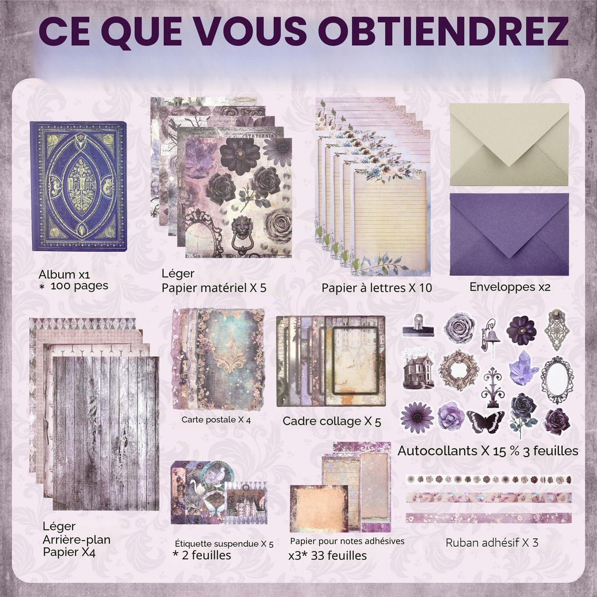 Kit de scrapbooking vintage – 185 pièces