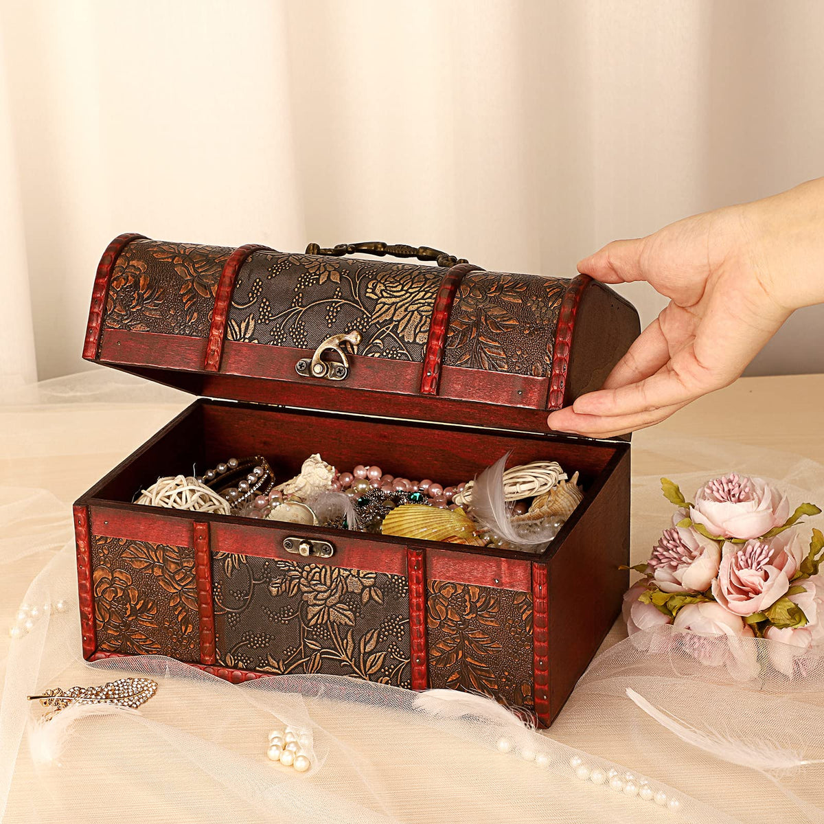 Malle au trésor vintage en bois – Coffret à bijoux et souvenirs