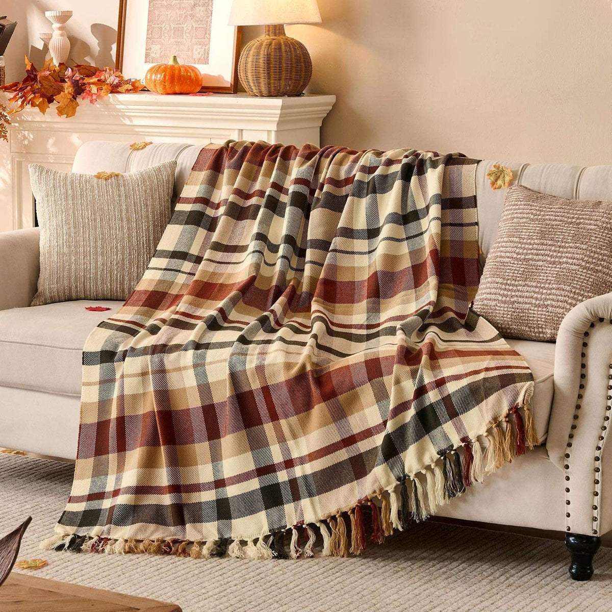 Plaid à carreaux d'Automne – Franges nouées main | Lanpn