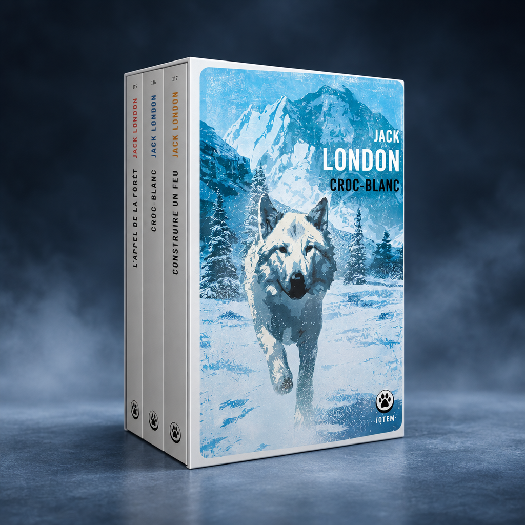 Coffret Jack London sur un fond bleu nuit hivernal