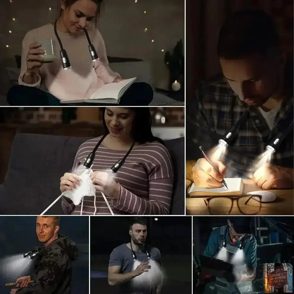 Lampe de lecture LED suspendue au cou, rechargeable par USB/AAA, protection des yeux, lampe de livre pour la lecture nocturne, la course à pied - © 2026 Le Grimoire Ancien