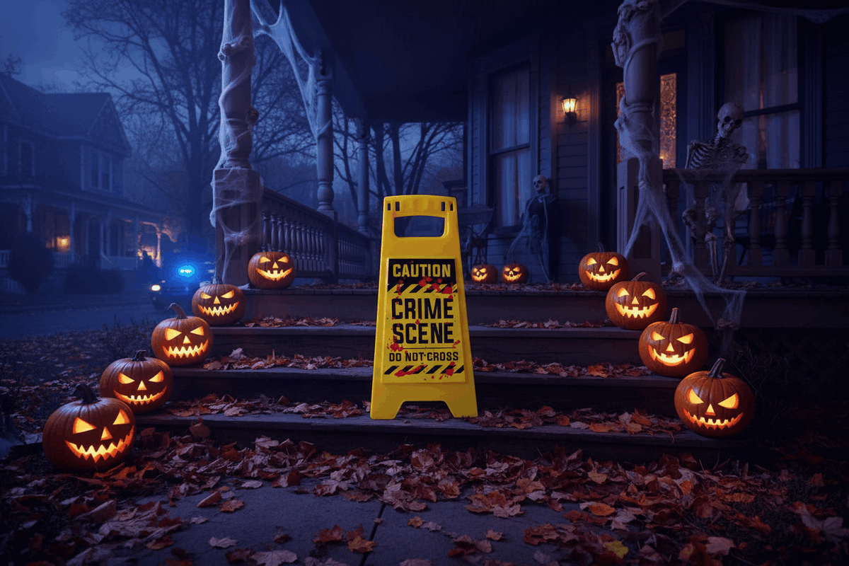 Pancarte Crime Scene devant maison Halloween