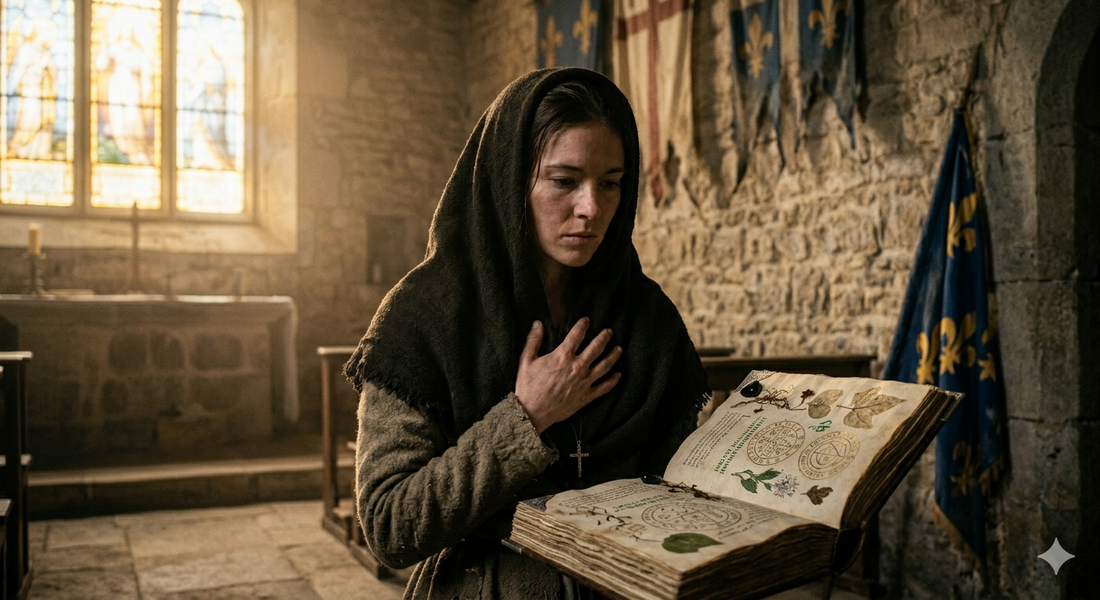 Jeanne d'Arc en prière, lumière éthérée à travers un vitrail gothique — symbole du mysticisme comme guidance intérieure