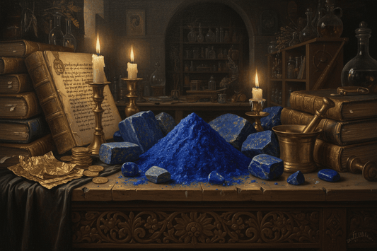 Broyage du pigment (probablement du lapis-lazuli vu l'intensité du bleu) et son application. - © 2026 Le Grimoire Ancien