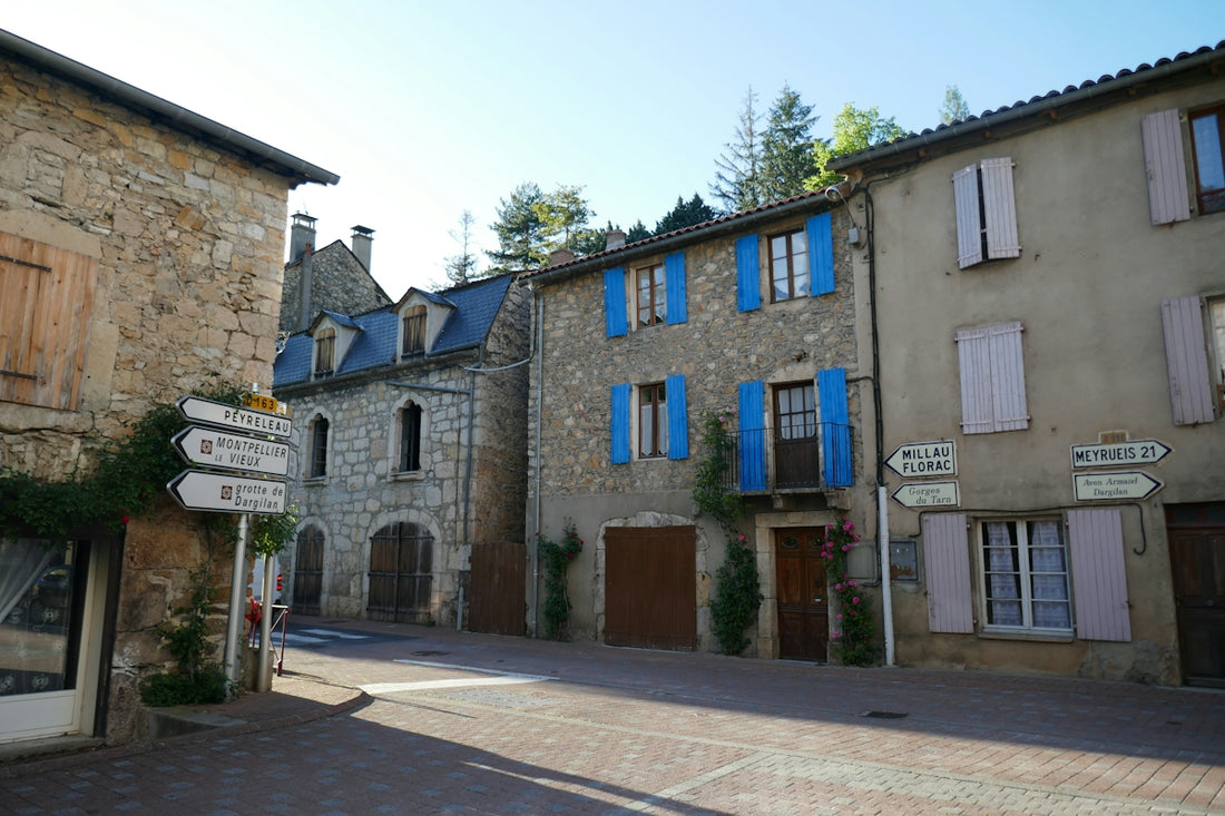 A cobblestone street lined with stone buildings
