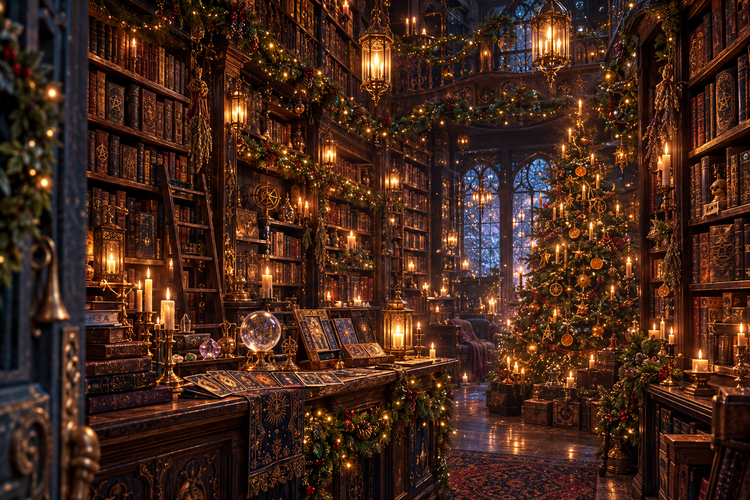 Intérieur enchanté du Grimoire Ancien décoré pour Noël