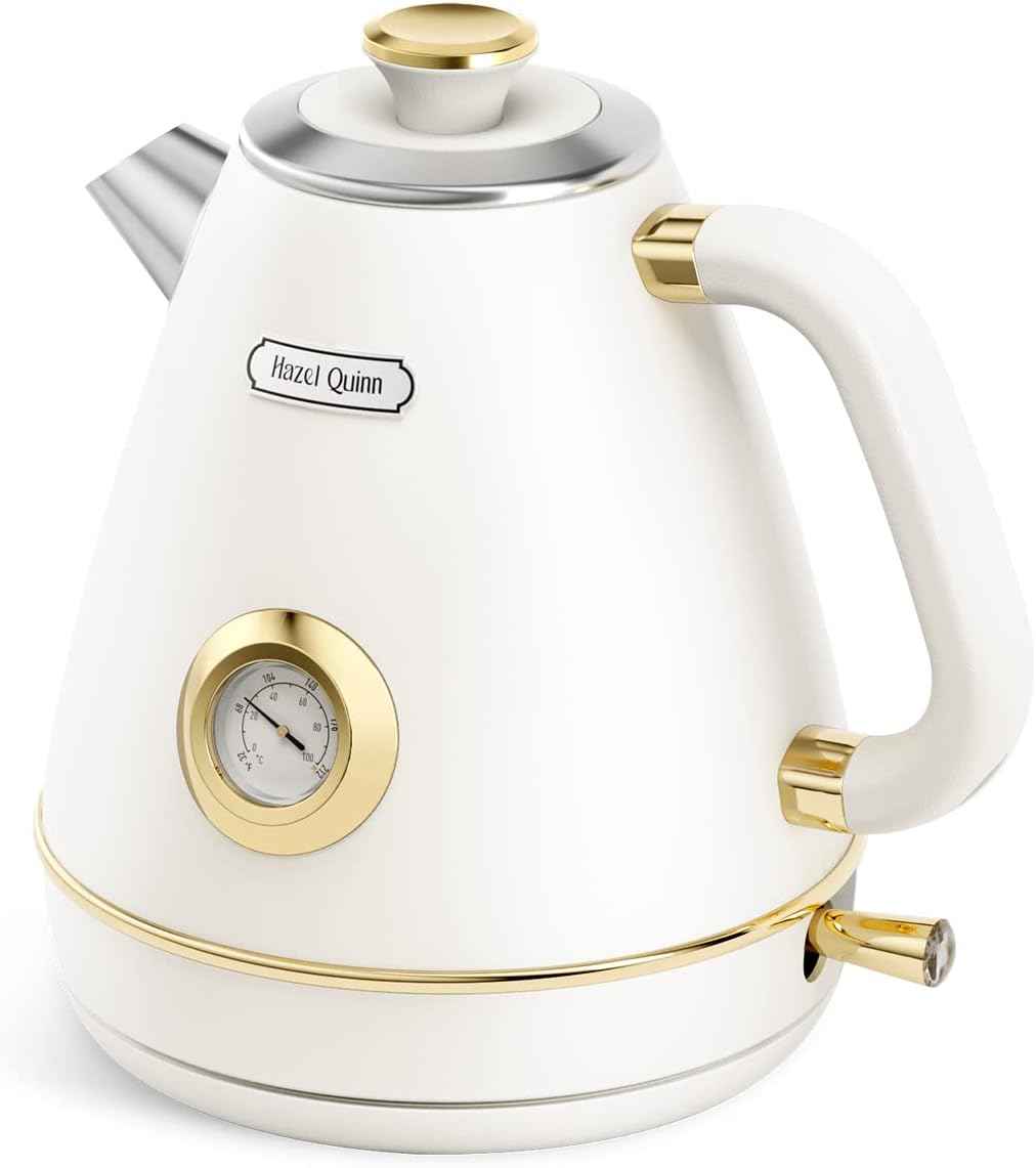 Hazel Quinn Bouilloire Électrique Rétro avec Thermomètre, Entièrement en Acier Inoxydable sans Plastique, Bouilloire Sans Fil, Arrêt Automatique, 2200 W, 1,7 L, Sans BPA, Vintage Design, Blanc Perle