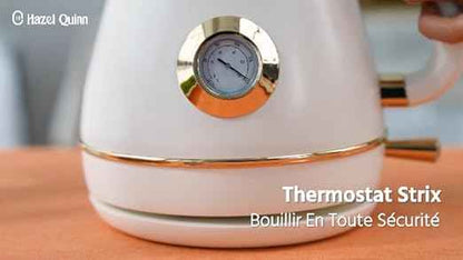 Hazel Quinn Bouilloire Électrique Rétro avec Thermomètre, Entièrement en Acier Inoxydable sans Plastique, Bouilloire Sans Fil, Arrêt Automatique, 2200 W, 1,7 L, Sans BPA, Vintage Design, Blanc Perle