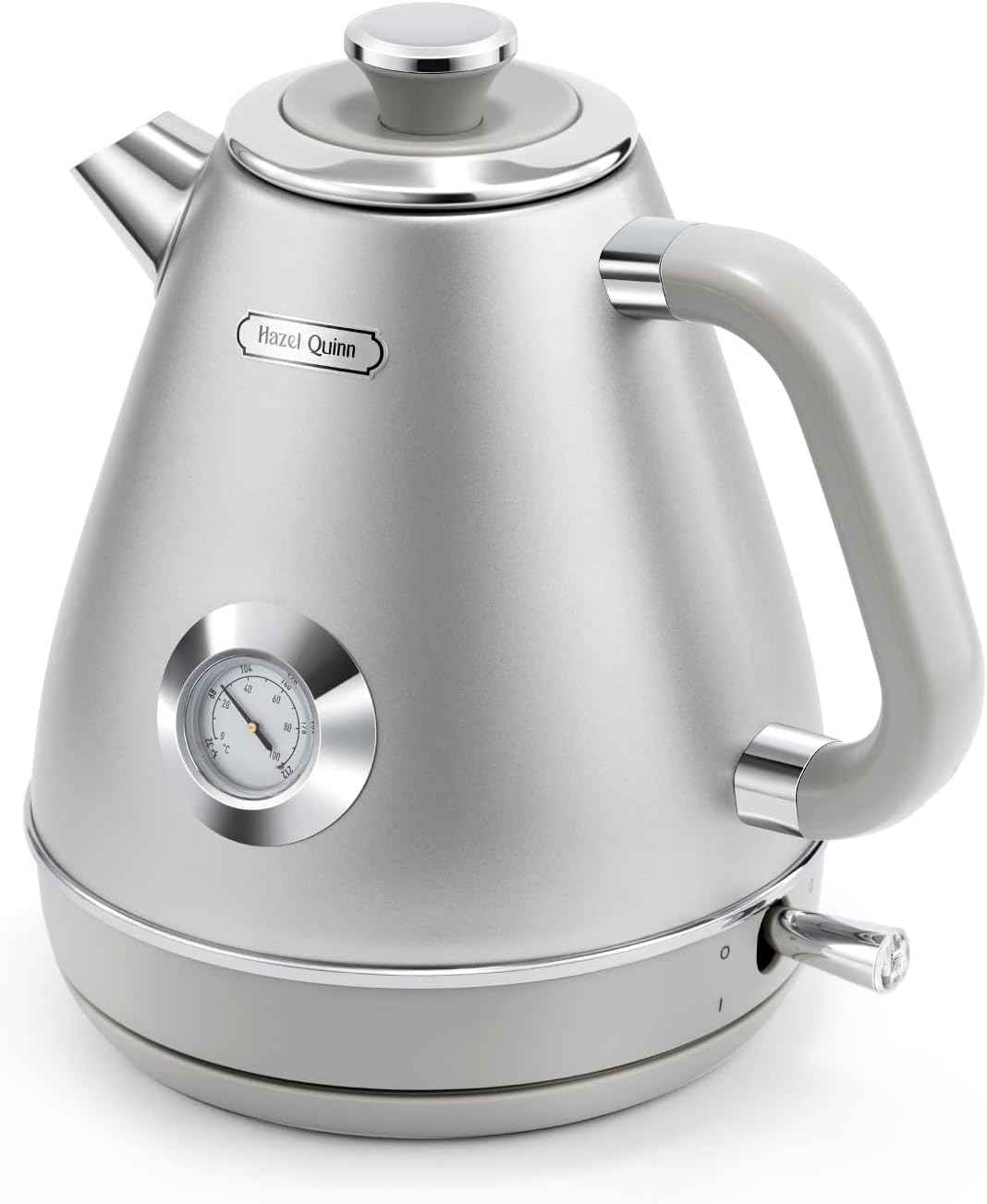 Hazel Quinn Bouilloire Électrique Rétro avec Thermomètre, Entièrement en Acier Inoxydable sans Plastique, Bouilloire Sans Fil, Arrêt Automatique, 2200 W, 1,7 L, Sans BPA, Vintage Design, Blanc Perle