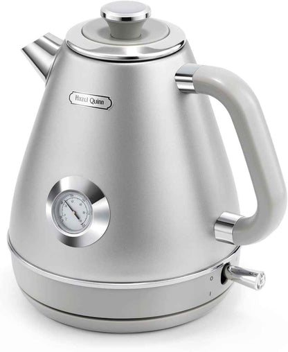 Hazel Quinn Bouilloire Électrique Rétro avec Thermomètre, Entièrement en Acier Inoxydable sans Plastique, Bouilloire Sans Fil, Arrêt Automatique, 2200 W, 1,7 L, Sans BPA, Vintage Design, Blanc Perle