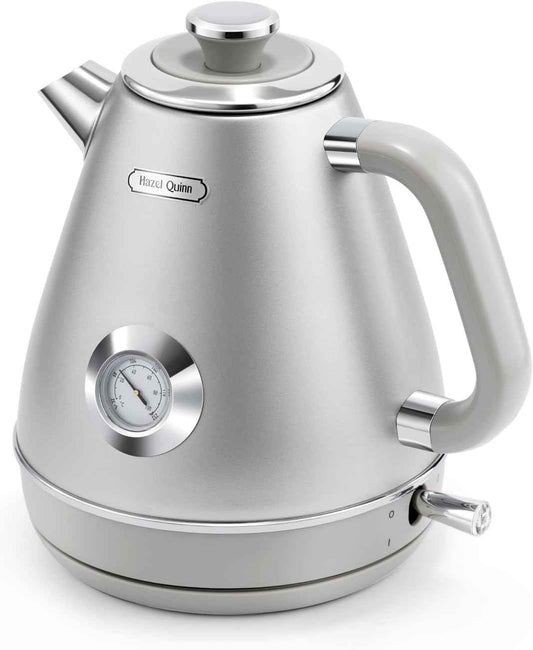 Hazel Quinn Bouilloire Électrique Rétro avec Thermomètre, Entièrement en Acier Inoxydable sans Plastique, Bouilloire Sans Fil, Arrêt Automatique, 2200 W, 1,7 L, Sans BPA, Vintage Design, Blanc Perle