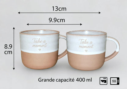 Coffret 2 Mugs céramique 400 ml – Gravure « Take a Moment » | COZY KITCHEN