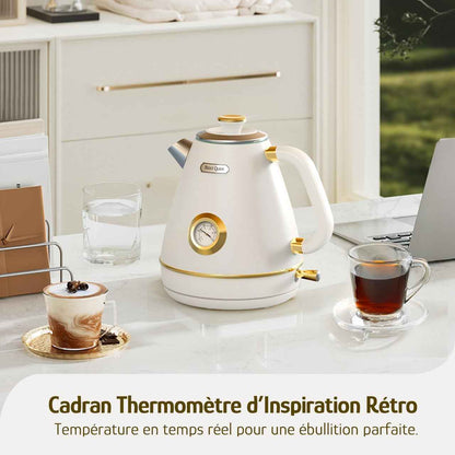 Hazel Quinn Bouilloire Électrique Rétro avec Thermomètre, Entièrement en Acier Inoxydable sans Plastique, Bouilloire Sans Fil, Arrêt Automatique, 2200 W, 1,7 L, Sans BPA, Vintage Design, Blanc Perle
