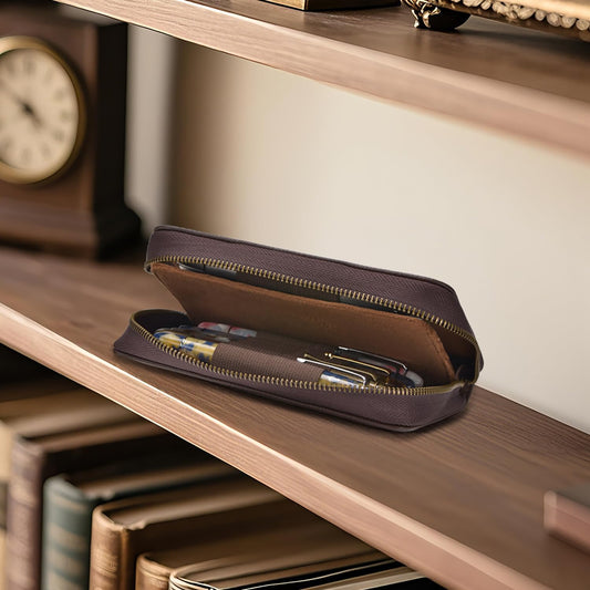 Étui à stylos en cuir - 10 fentes avec pochette zippée – Fait main