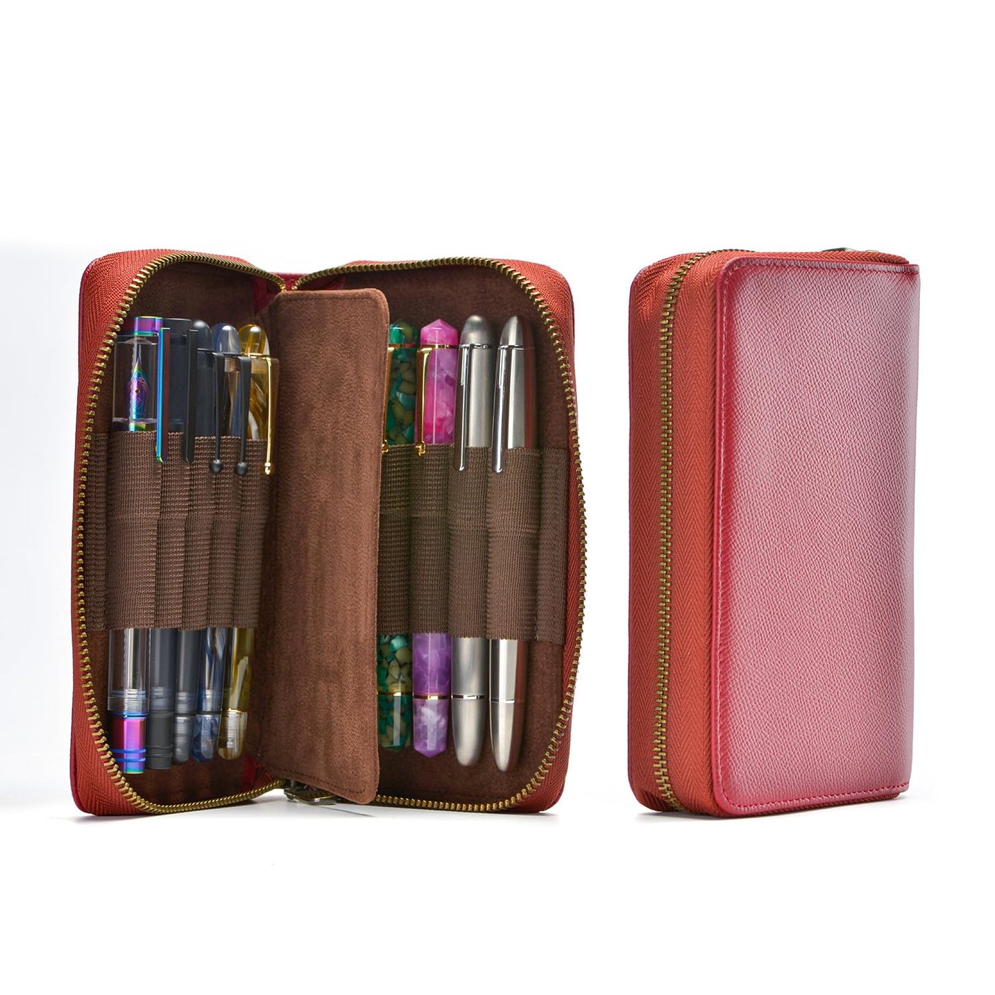 Étui à stylos en cuir - 10 fentes avec pochette zippée – Fait main