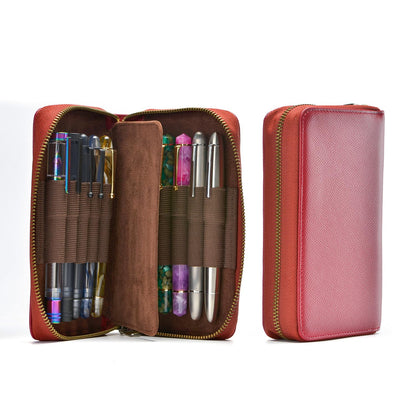 Étui à stylos en cuir - 10 fentes avec pochette zippée – Fait main