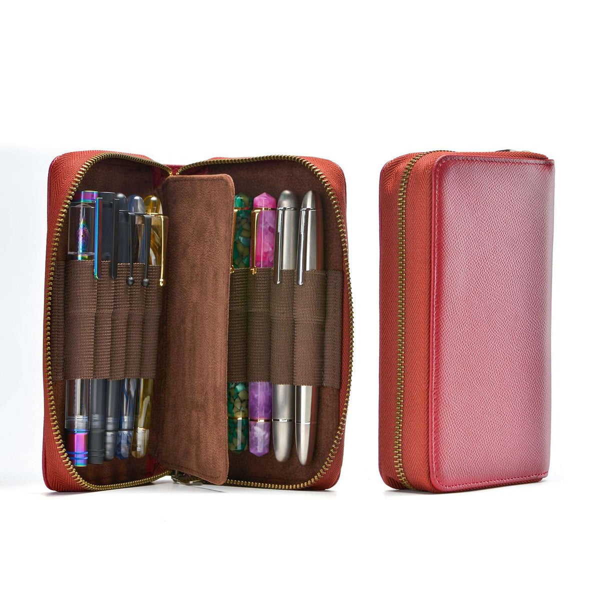 Étui à stylos en cuir - 10 fentes avec pochette zippée – Fait main
