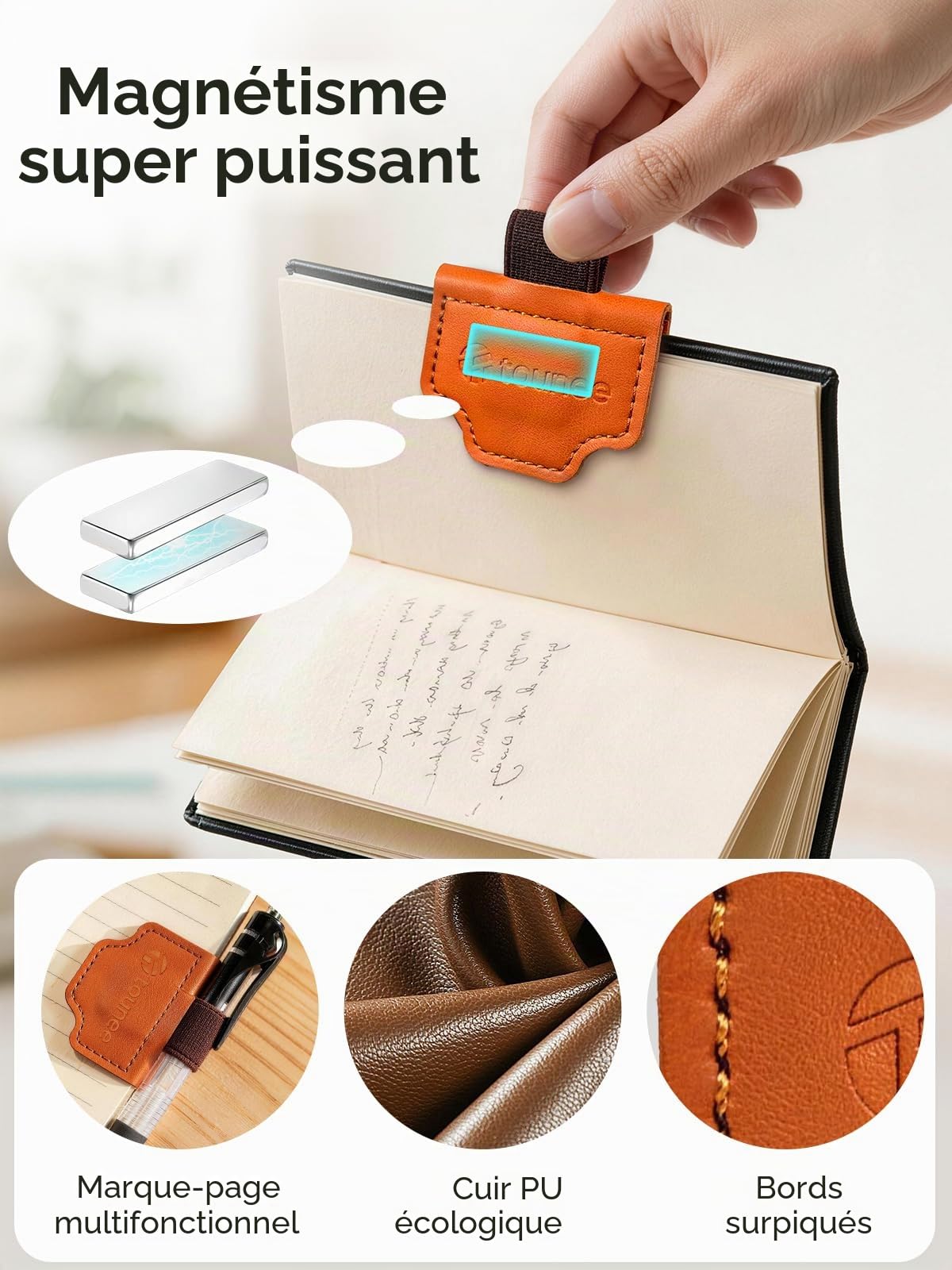 Signets magnétiques en cuir PU avec porte-stylo – Lot de 4 ou 6