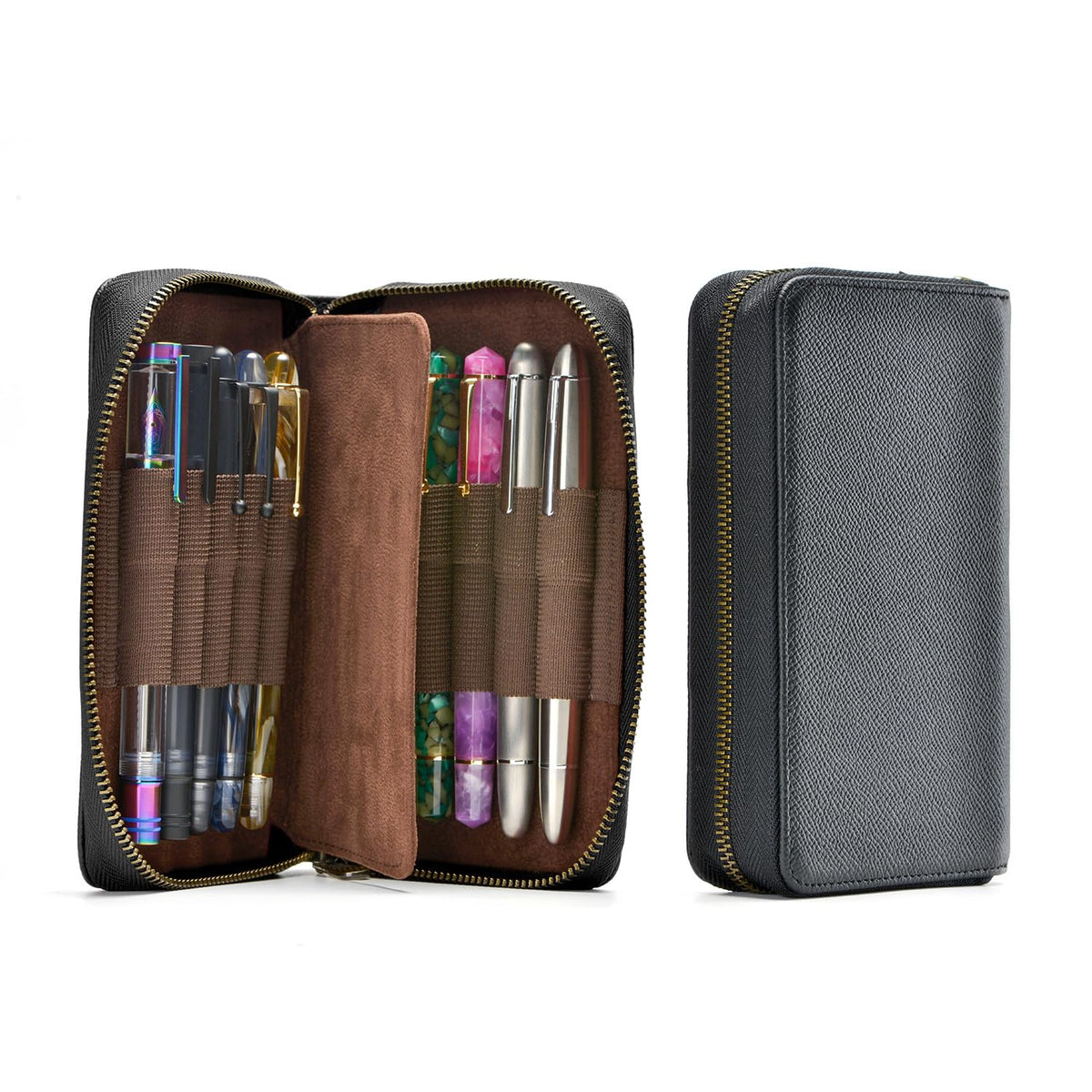 Étui à stylos en cuir - 10 fentes avec pochette zippée – Fait main