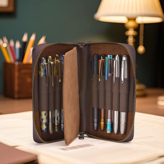 Étui à stylos en cuir - 10 fentes avec pochette zippée – Fait main