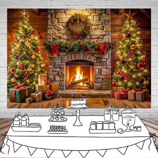 Toile de fond de Noël – Cheminée, sapin et cadeaux