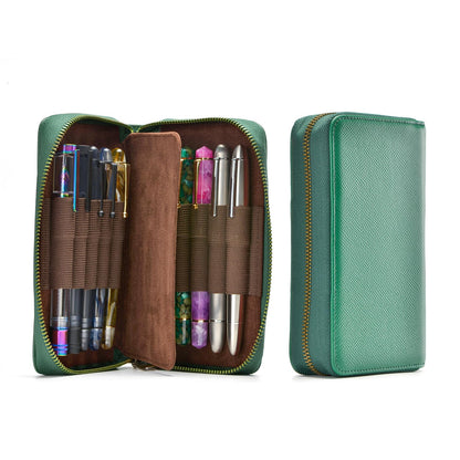 Étui à stylos en cuir - 10 fentes avec pochette zippée – Fait main