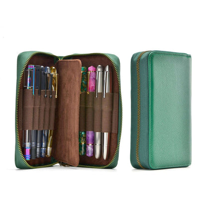 Étui à stylos en cuir - 10 fentes avec pochette zippée – Fait main