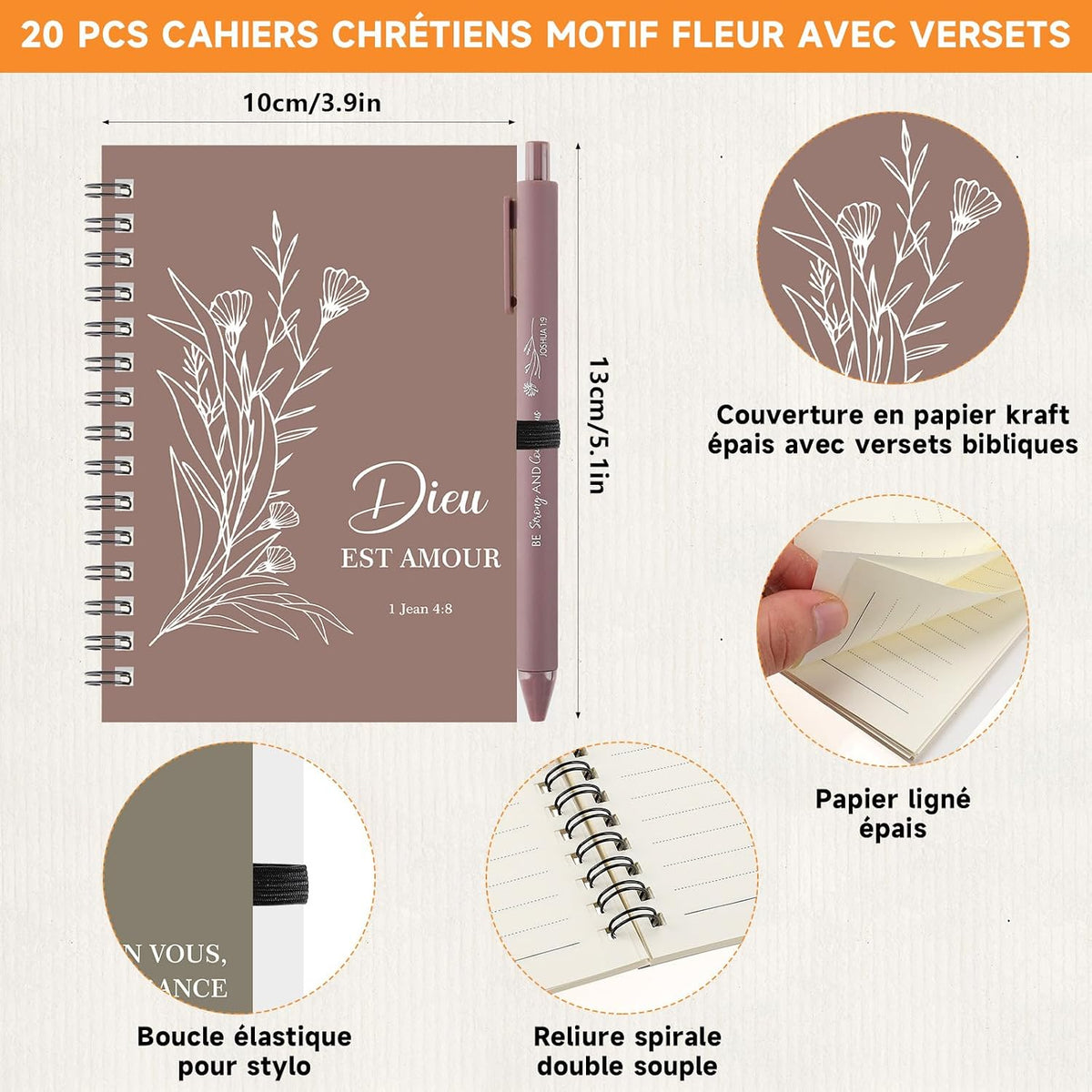 Lot de 10 carnets chrétiens avec stylos assortis