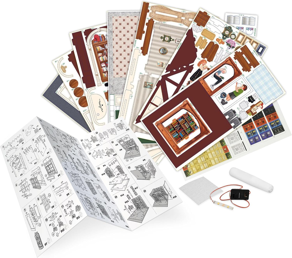 Diorama Librairie miniature en bois avec LED – Kit DIY 148 pièces | Buki