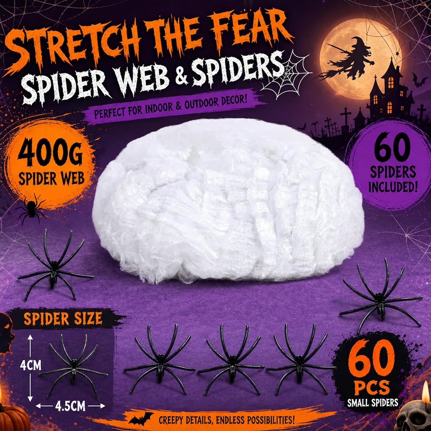 Toile d’araignée décorative Halloween 400 g + 60 araignées – Ultra-extensible