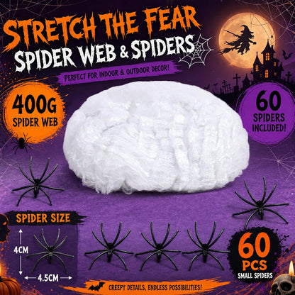Toile d’araignée décorative Halloween 400 g + 60 araignées – Ultra-extensible