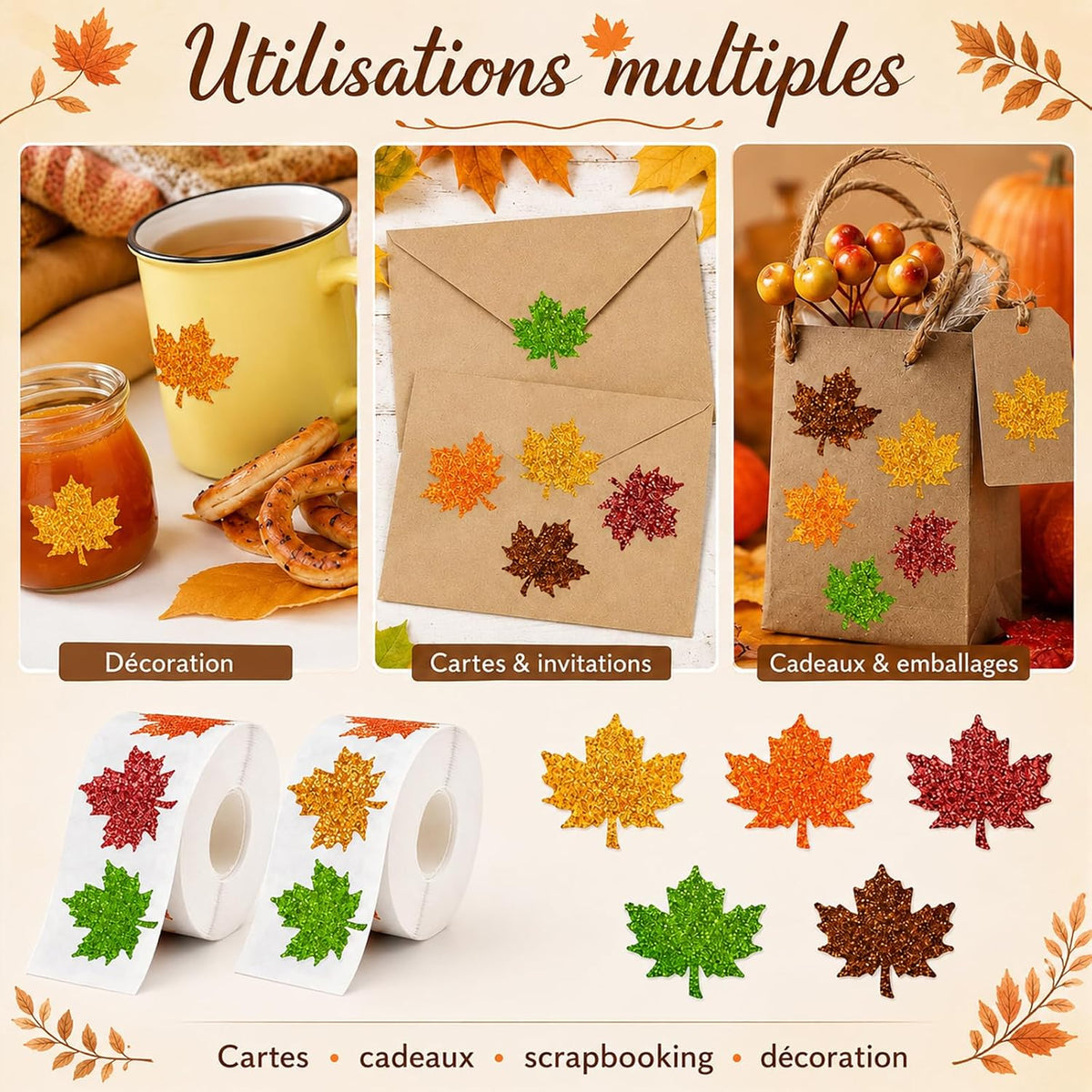 Lot de 1000 gommettes Automne – Stickers feuilles brillantes holographiques