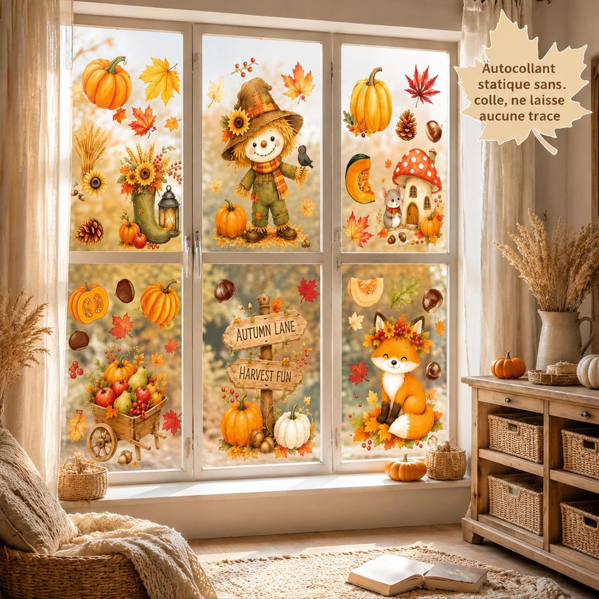 Stickers Fenêtre Automne – 6 Feuilles PVC statique | Épouvantail, renard, champignon