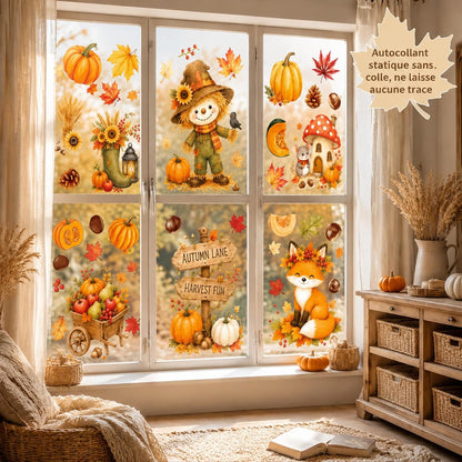 Stickers Fenêtre Automne – 6 Feuilles PVC statique | Épouvantail, renard, champignon