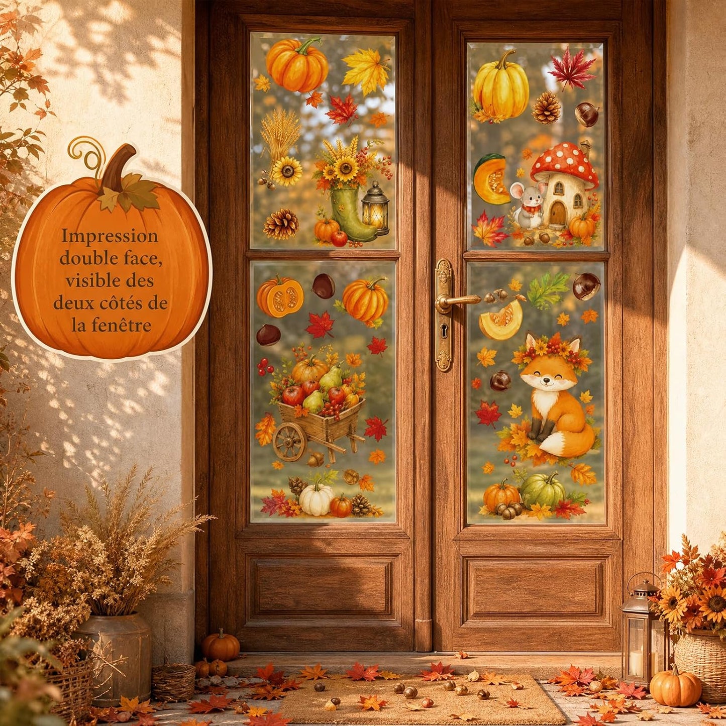 Stickers Fenêtre Automne – 6 Feuilles PVC statique | Épouvantail, renard, champignon