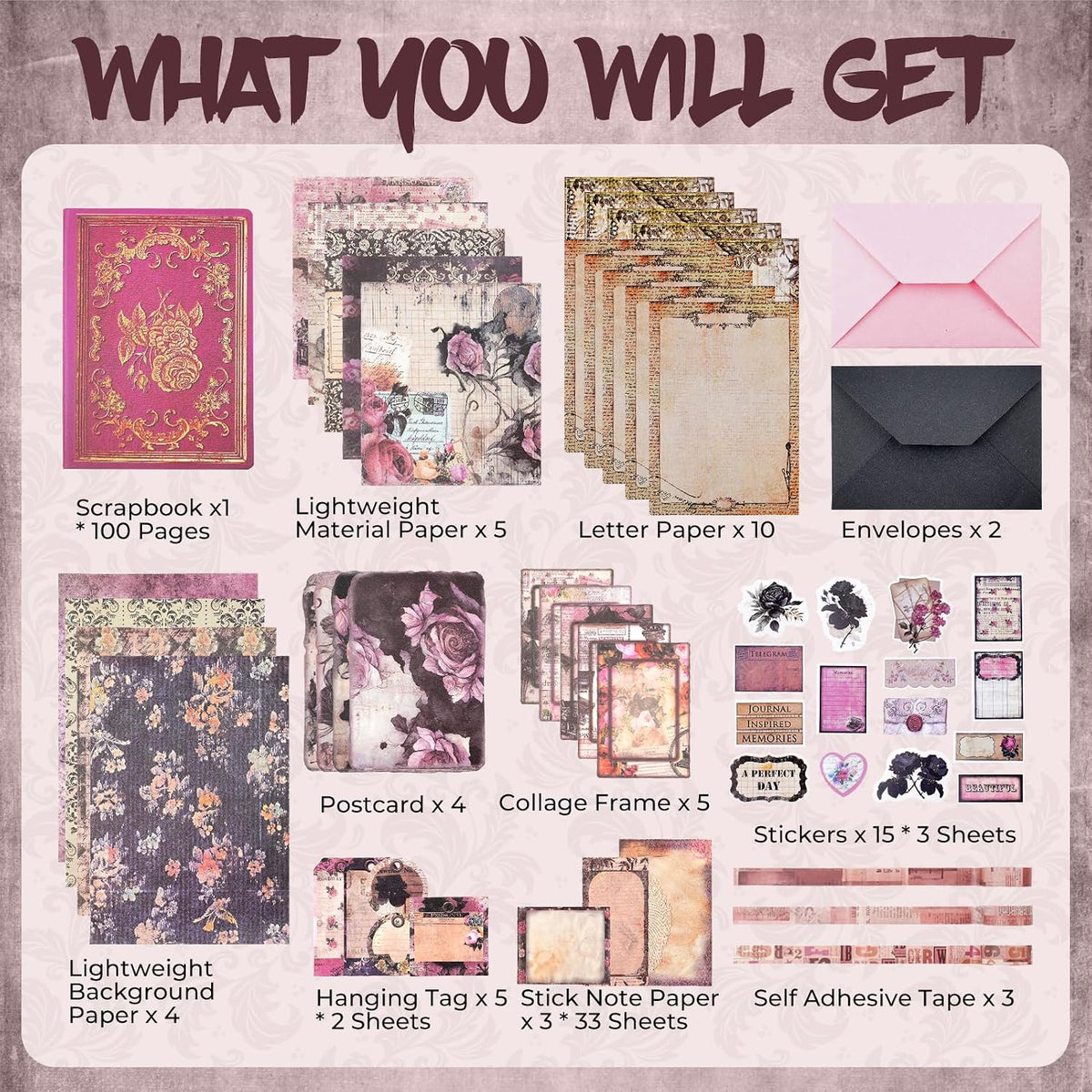 Kit de scrapbooking vintage – 185 pièces
