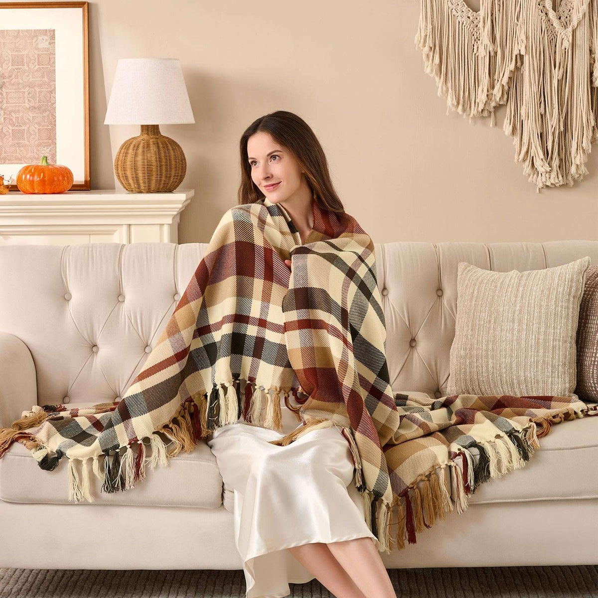 Plaid à carreaux d'Automne – Franges nouées main | Lanpn
