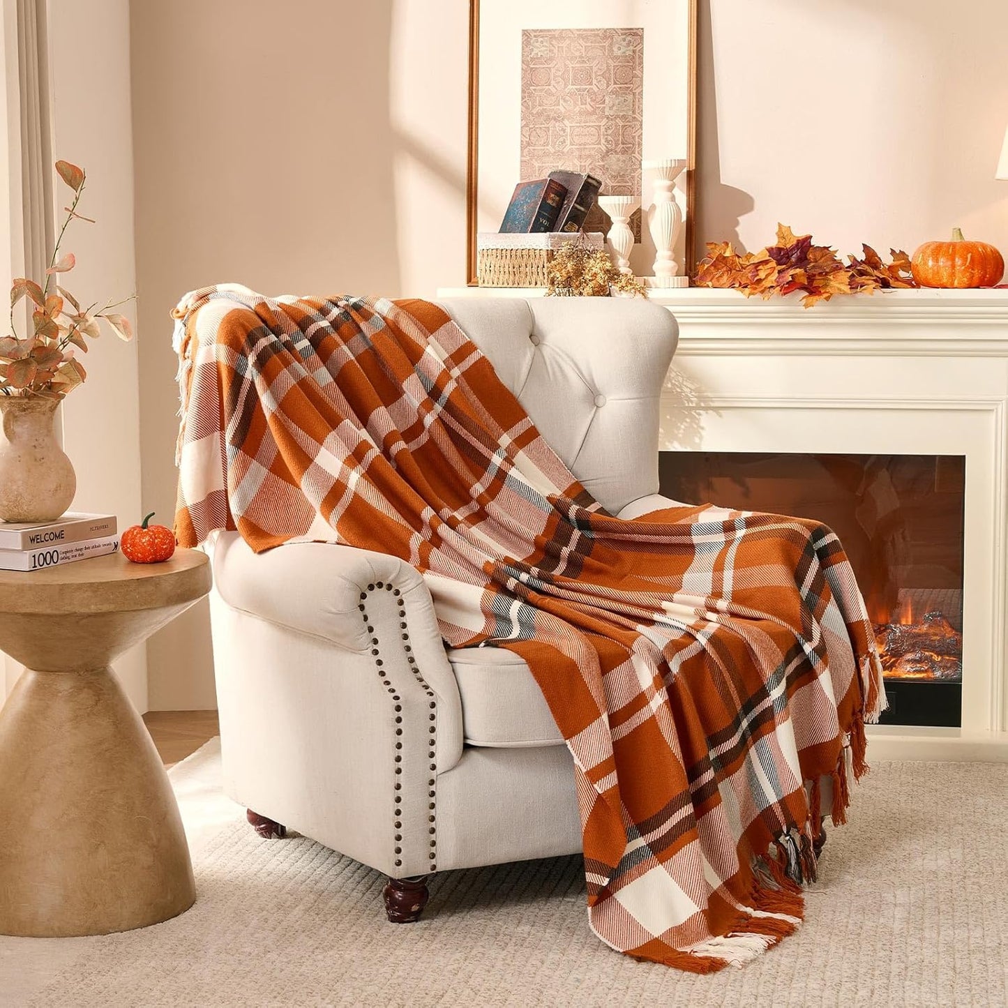 Plaid à carreaux d'Automne – Franges nouées main | Lanpn