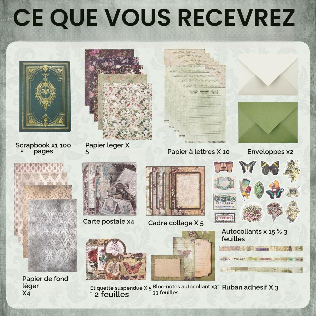 Kit de scrapbooking vintage – 185 pièces