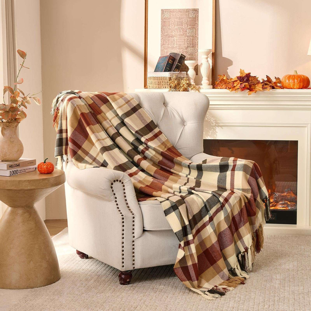 Plaid à carreaux d'Automne – Franges nouées main | Lanpn