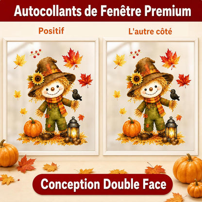 Stickers Fenêtre Automne – 6 Feuilles PVC statique | Épouvantail, renard, champignon