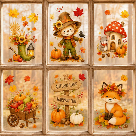 Stickers Fenêtre Automne – 6 Feuilles PVC statique | Épouvantail, renard, champignon