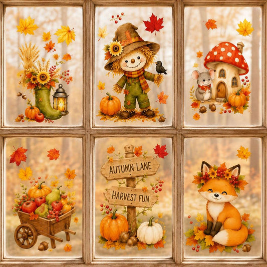 Stickers Fenêtre Automne – 6 Feuilles PVC statique | Épouvantail, renard, champignon