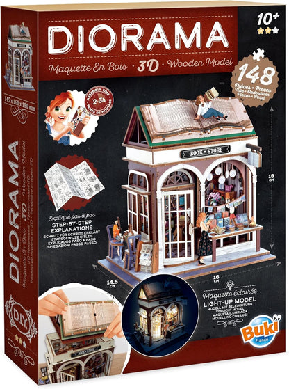 Diorama Librairie miniature en bois avec LED – Kit DIY 148 pièces | Buki