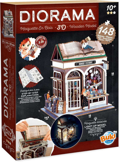 Diorama Librairie miniature en bois avec LED – Kit DIY 148 pièces | Buki